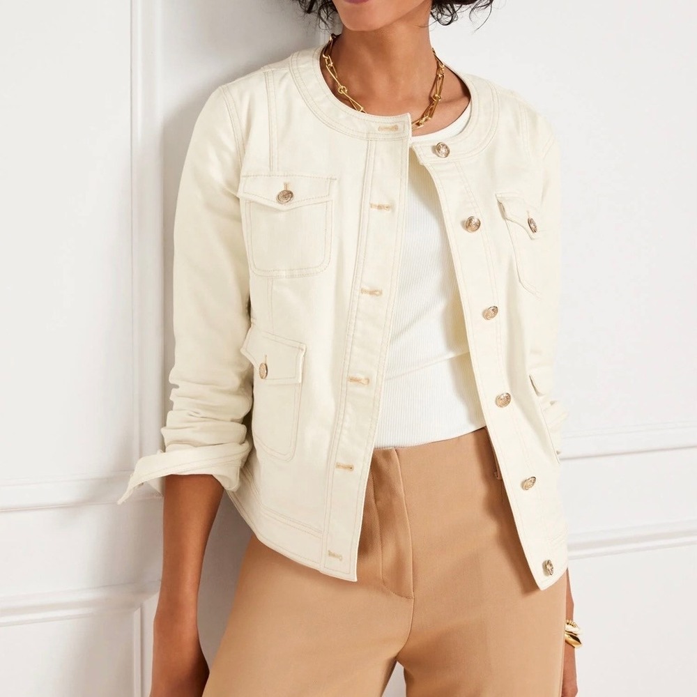 Talbots Preppy Fashion Denim Jacket Ivory Classic Collarless Gold Button - 6